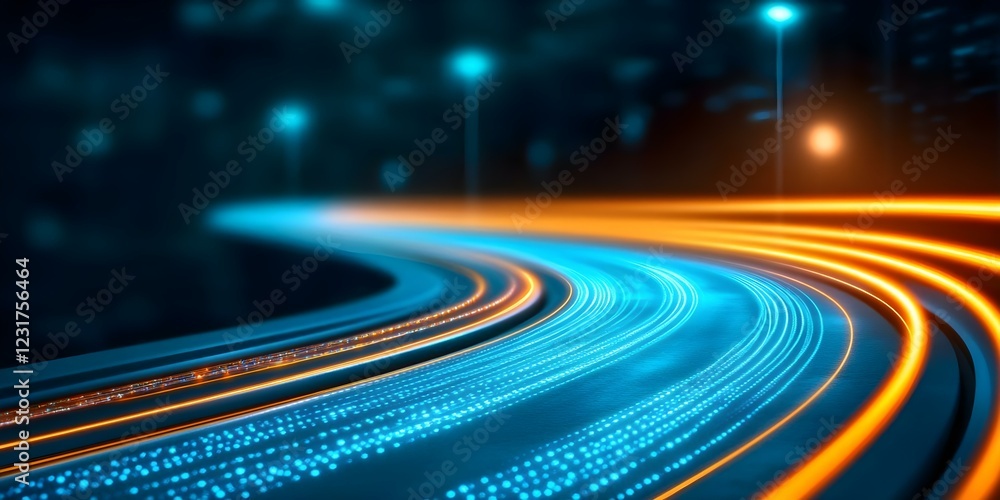 Poster a long exposure shot of light trails on a winding road, creating a dynamic and colorful motion effec