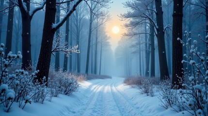 Serene Winter Pathway Through a Snow-Covered Forest at Dawn with Sunlight Illuminating the Path