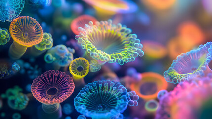 Surreal Portrait of Vibrant Neon Organic Patterns Resembling Surreal Flora in a Dreamlike Environment. Generative AI