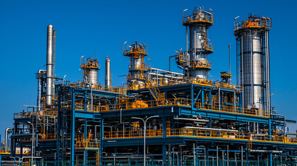 A natural gas processing unit with distillation columns, heat exchangers, and pipelines, under a clear blue sky.