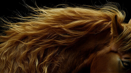 Naklejka premium Chestnut horse mane blowing in wind, dark background, studio shot, equestrian advertisement