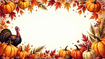 Autumnal Harvest Celebration A Festive Frame Featuring Pumpkins, Turkey, and Vibrant Fall Foliage