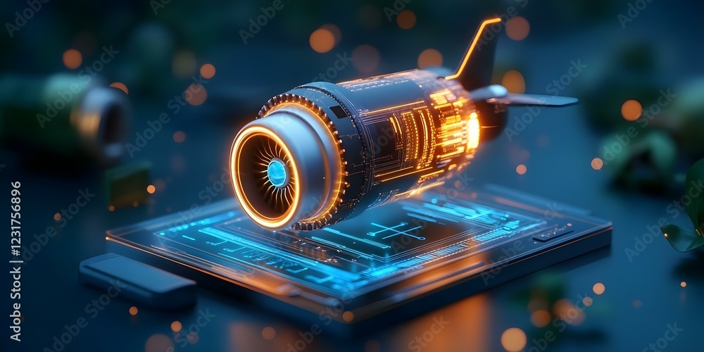 Poster a futuristic jet engine design with glowing elements, resting on a digital interface, surrounded by 