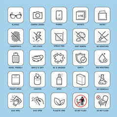 Set icons for lens cleaning products. Suitable for eyeglasses, camera lens, and other optical devices. The outline icons are well scalable and editable. EPS10.