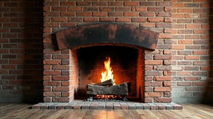 Warmth and Comfort of a Rustic Brick Fireplace with a Crackling Fire