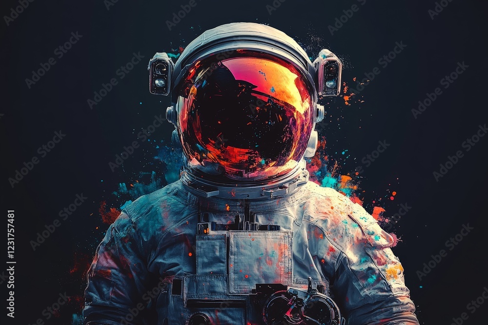 Poster colorful astronaut in a creative cosmic setting with vibrant splashes and futuristic elements