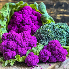 Purple and green cauliflower and broccoli on rustic wood, farm-fresh harvest, healthy food photography for recipe blogs