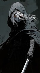 A shadowed figure of a female in a hooded cloak, silver hair, bandaged face, glowing eye, katana in hand, hand-drawn cel-shaded art.