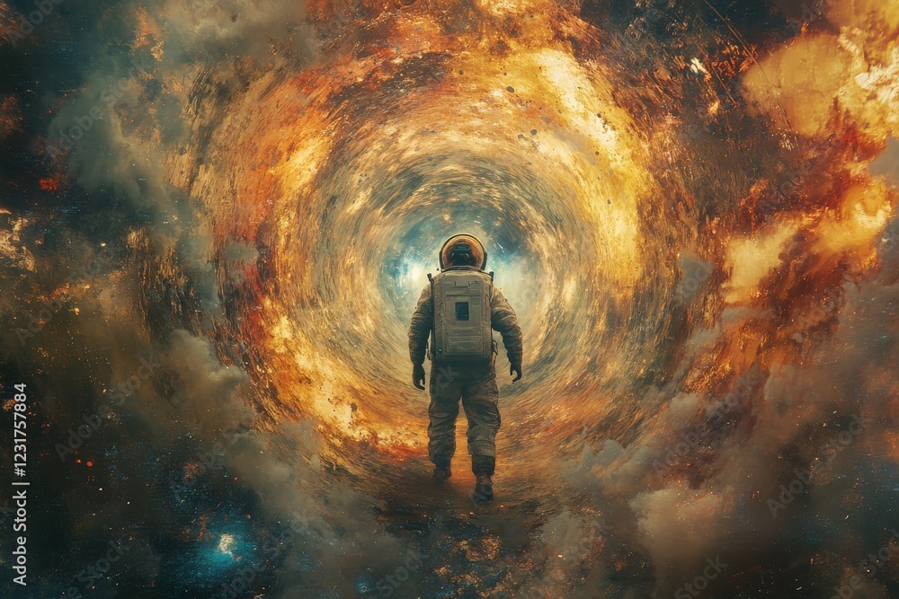 Poster astronaut explores a vibrant cosmic tunnel filled with colors and energy in deep space