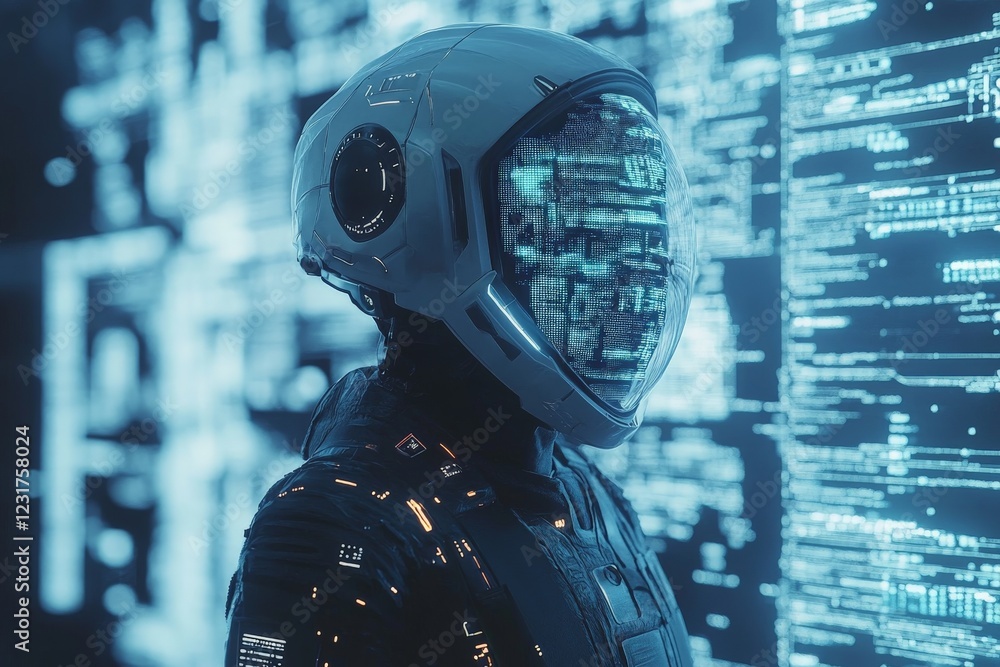 Poster Futuristic astronaut in a high-tech environment with digital screens displaying data and patterns