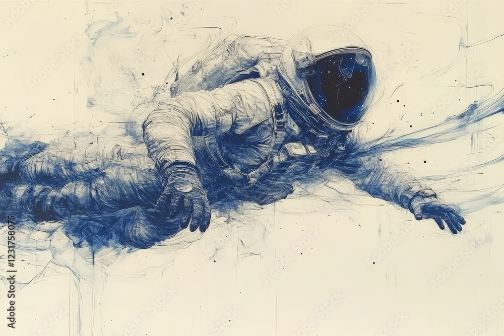 Poster Floating in the void, an astronaut explores the vastness of space with grace and solitude in a serene cosmic environment