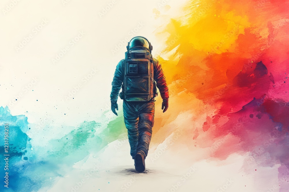 Aufkleber astronaut walking towards colorful horizon with vibrant splashes of paint in the background