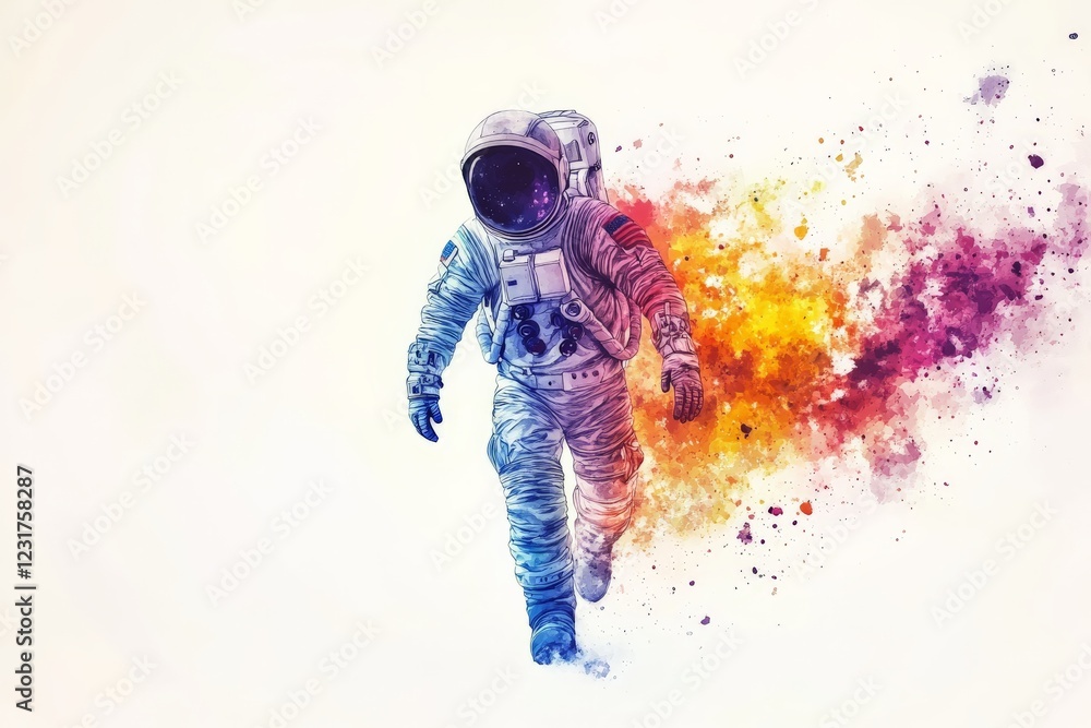 Poster colorful astronaut walking through a cosmic splash of colors in a creative artistic representation