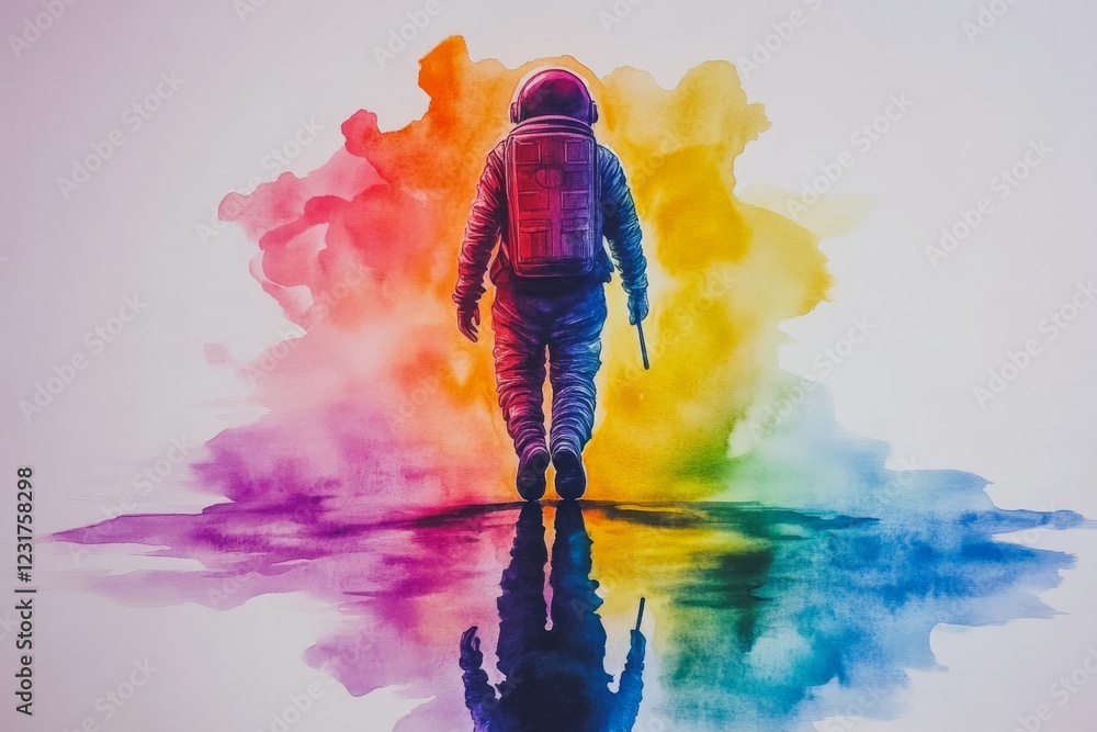 Poster astronaut walking towards a colorful explosion of paint in a surreal landscape at dawn