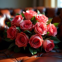 Obraz premium Breathtaking Roses Nestled on Luxurious Leather under Natural Light