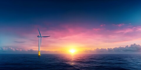 A solitary offshore wind turbine stands against a vibrant sunset over calm waters, with colorful clouds in the sky. Concept Offshore Wind Turbine, Vibrant Sunset, Calm Waters, Colorful Clouds