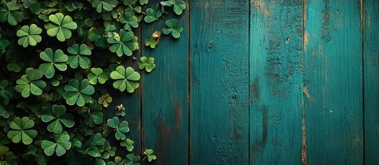 Green clover on teal wood background