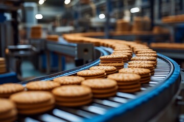 Cookies move along a conveyor belt at a bustling factory during production hours in a modern facility