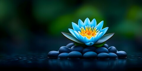 A blue water lily blooms atop smooth black stones, surrounded by a serene, blurred green background. Concept Blue Water Lily, Serene Nature Scene, Black Stones, Green Background, Tranquil Photography