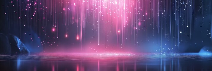 Abstract Light Trails, Glowing Lines And Particles Background In Pink Neon Blue Gradient