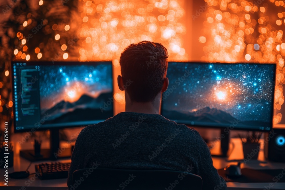 Poster Creative individual working late at night while analyzing starry visuals on dual computer screens in a cozy environment