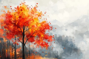 Vibrant autumn tree with colorful leaves in a misty landscape near mountains