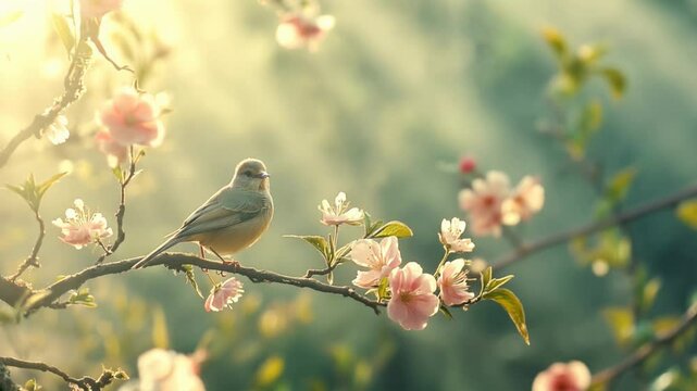 Small bird on blossoming branch, pink flowers, spring is coming, wildlife in nature, serenity, for nature documentaries, springtime sales, horizontal video