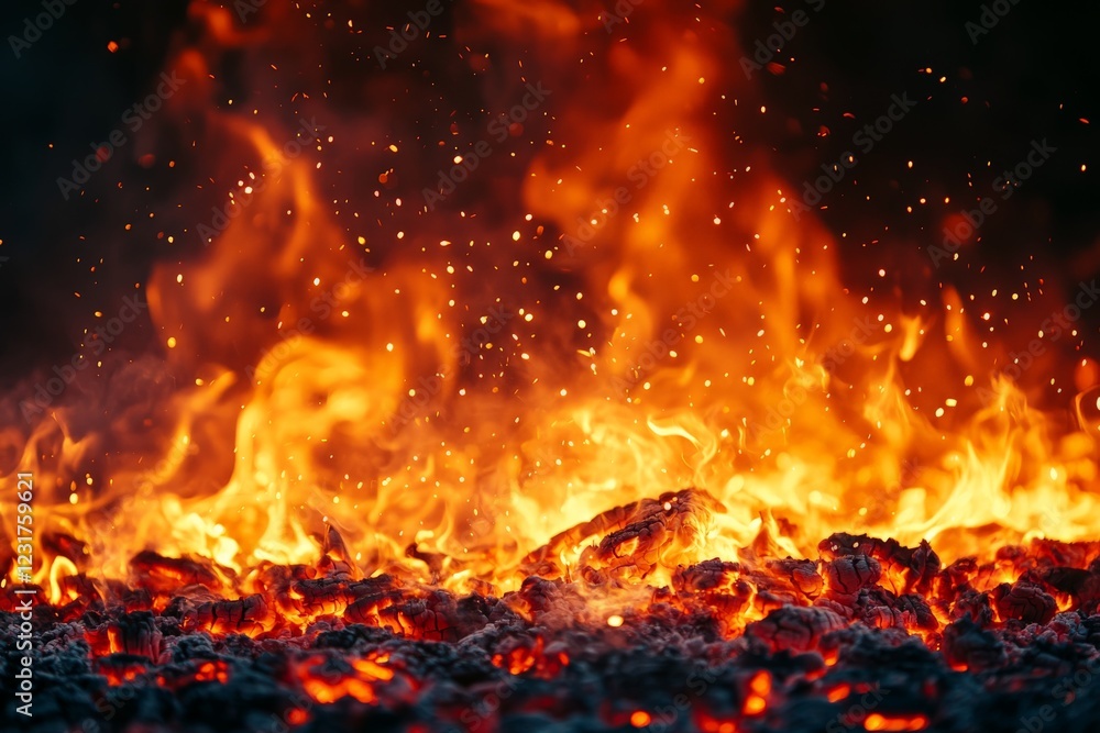 Aufkleber bright flames and glowing embers create a dramatic display of fire in a dark setting