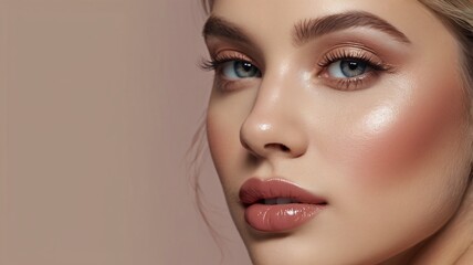 Fototapeta premium Close up of beautiful woman's face with makeup, fresh and smooth skin and lipstick with light background. Beautiful woman with makeup