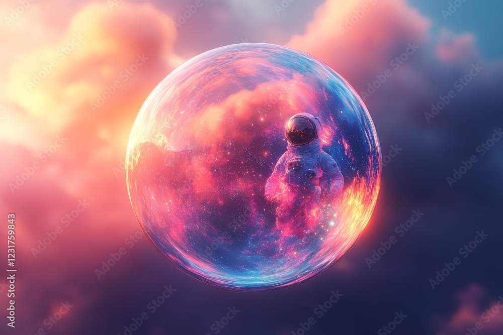 Poster astronaut floating in a colorful cosmic bubble against a vibrant sky at dusk