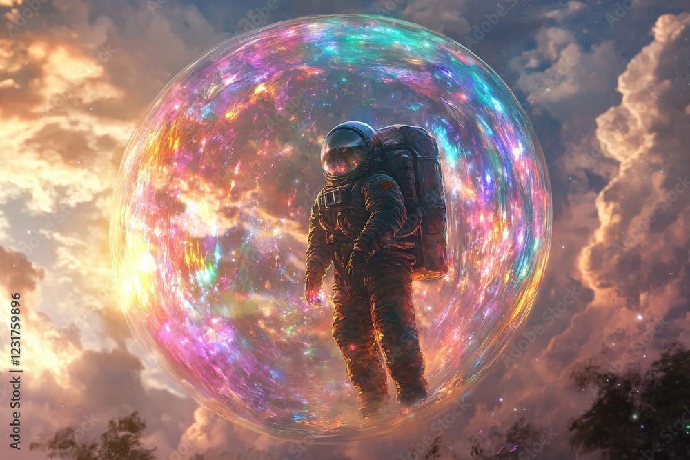 Poster astronaut floating in a colorful cosmic bubble under a dramatic sky at twilight