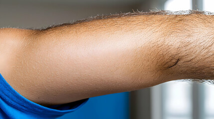 Man's hairy arm, close-up, indoors, blurred background, for medical or fitness use