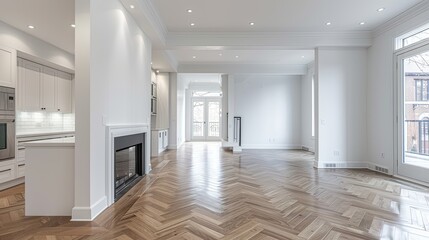 A bright, spacious room with white walls and wooden floors, featuring herringbone wood flooring in the center of an empty space