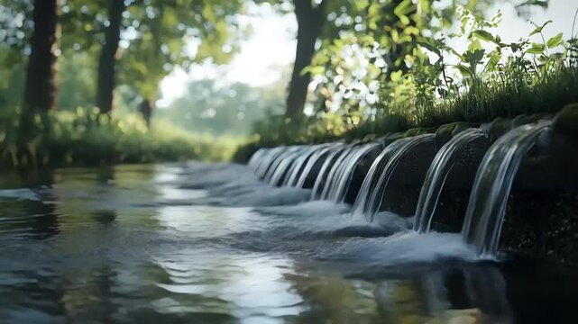 Small cascading waterfall in a lush green forest stream