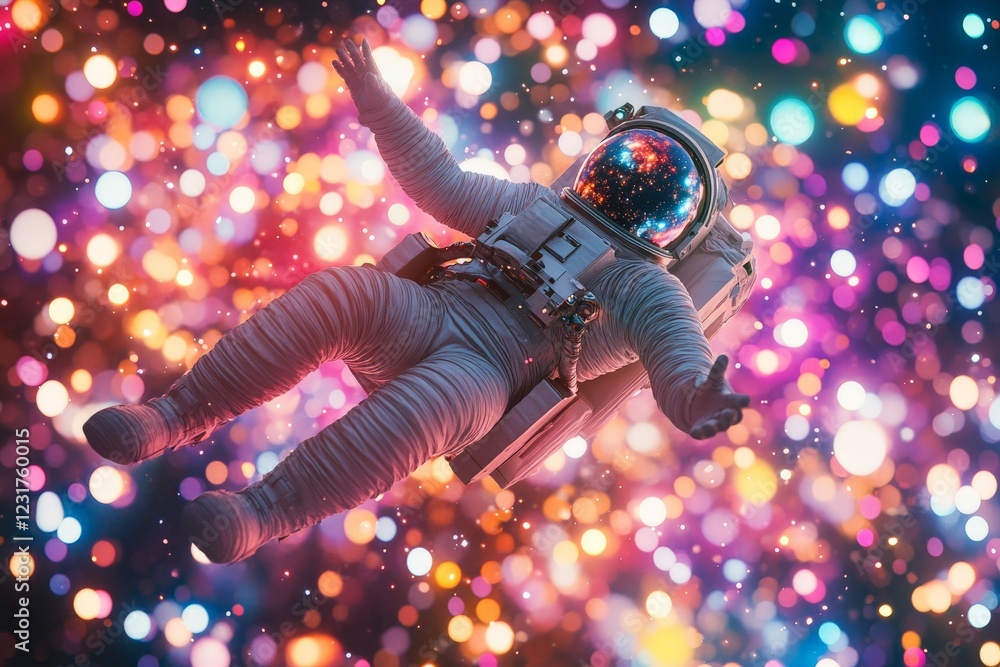 Poster colorful cosmic journey of an astronaut floating in space surrounded by vibrant stars