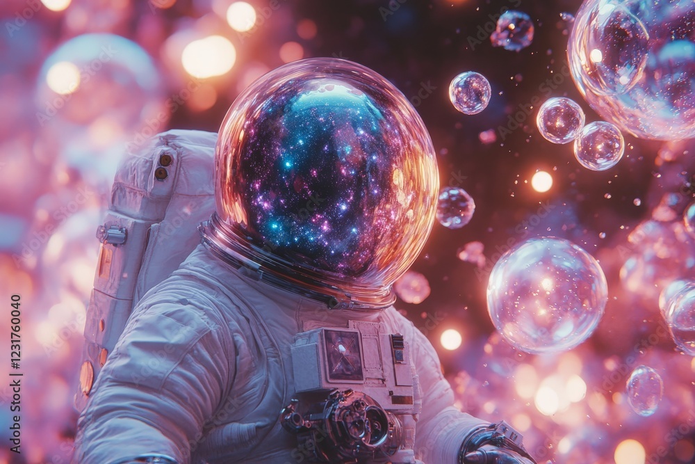 Poster astronaut explores a colorful cosmic realm surrounded by shimmering bubbles at dusk