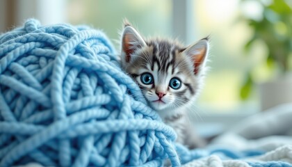 Curious tabby kitten with striking blue eyes, playful and inquisitive, peeking from behind a large blue yarn ball in a bright room