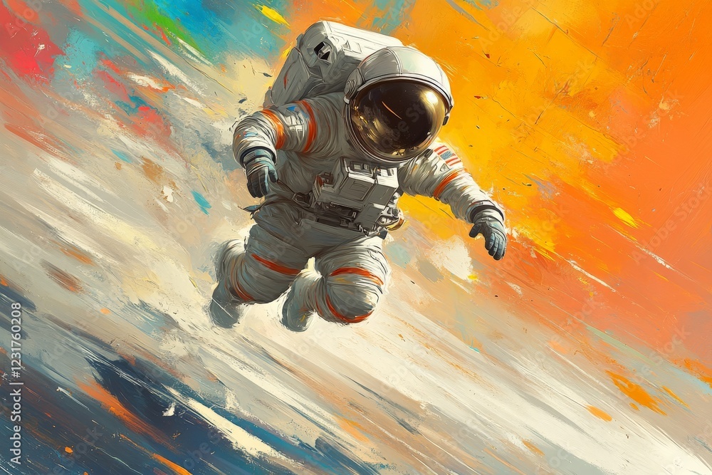 Poster Astronaut floats in outer space with vibrant colors and abstract patterns in the background