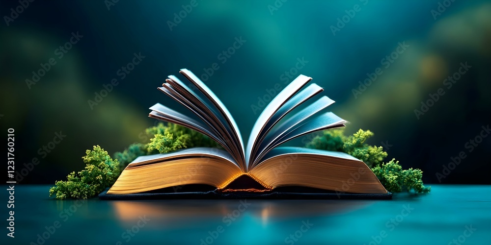 Poster an open book with fanned pages, surrounded by greenery, set against a blurred background with soft l