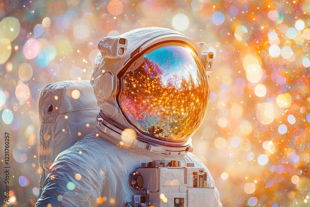 Aufkleber astronaut in a dazzling environment with a reflective visor and vibrant sparkles