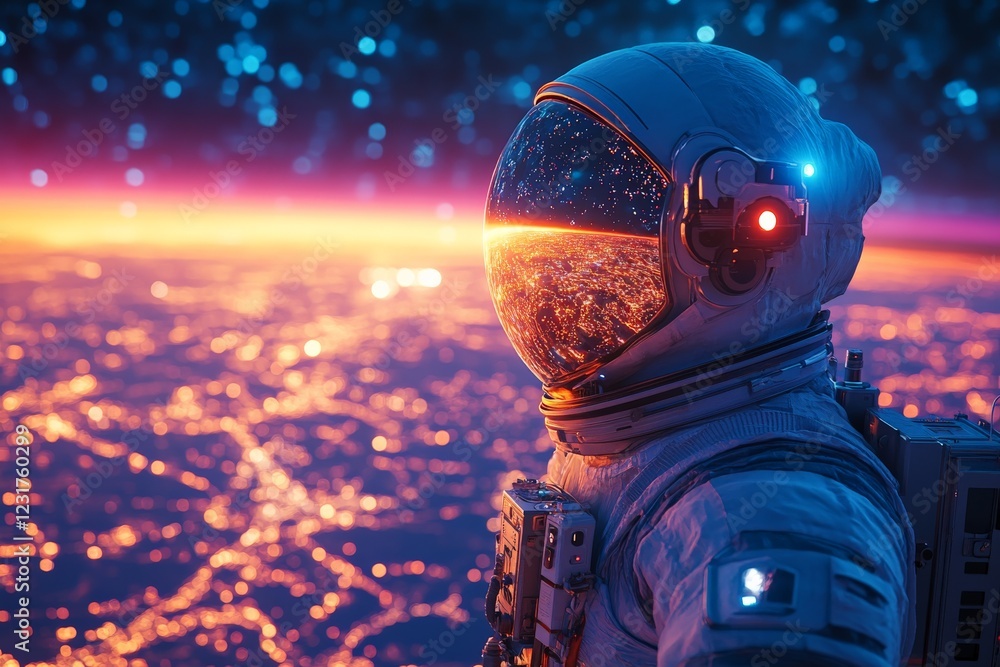Poster astronaut gazing at earth from space during a twilight view of urban lights and atmospheric glow