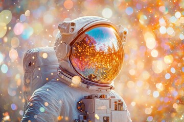 Astronaut in a dazzling environment with a reflective visor and vibrant sparkles