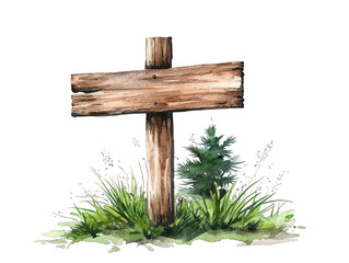 Naklejka premium Symbolism of life, a green plant flourishing in the heart of wooden cross green