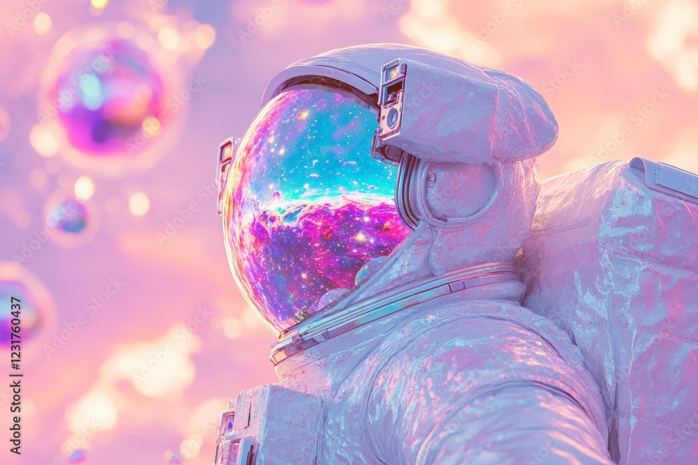 Poster Astronaut explores a colorful cosmic landscape with shimmering bubbles in a surreal space environment