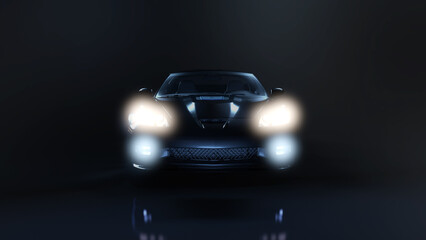 Frontansicht eines Sportwagens mit aufgeblendeten Scheinwerfern