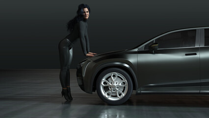 Elegante junge Frau in sportlicher Haltung fasst auf die Motorhaube eines kleinen SUV