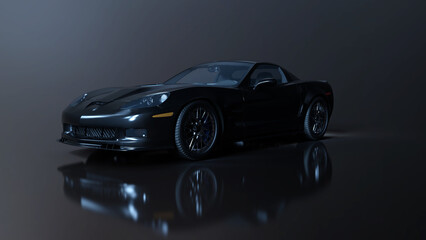 Dunkler Sportwagen mit Spiegelung auf glattem Boden