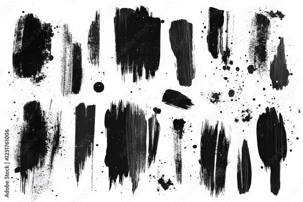 Aufkleber Abstract black paint strokes and splatters in various sizes and shapes arranged artistically on a white background