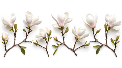 Obraz premium Beautifully Designed Display of White Background with Magnolia Flowers and Buds in Balance