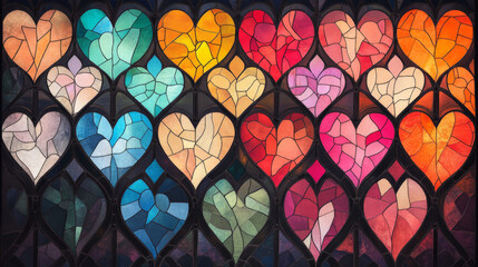 A vibrant array of multicolored hearts, each meticulously crafted in a stained-glass style, creates a captivating visual narrative.